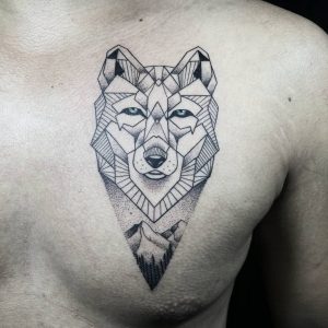 Geometric Wolf And Mountain Ink Work